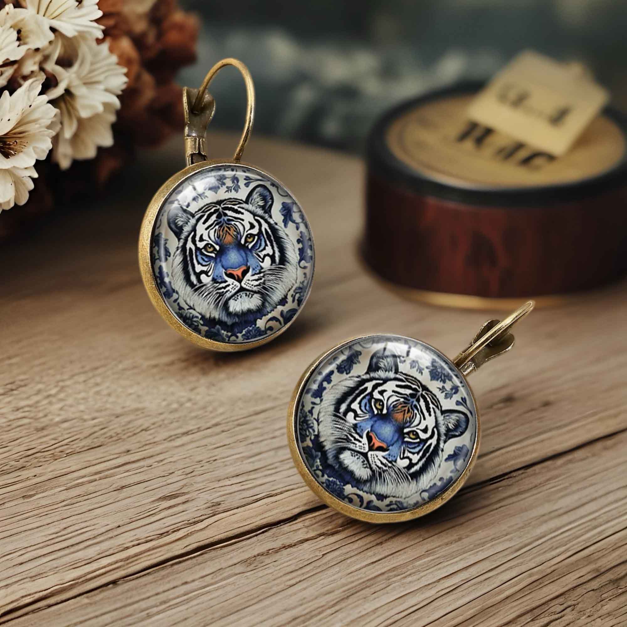 Blue Tiger-Patterned Round Earrings with Floral Design, Vintage Style
